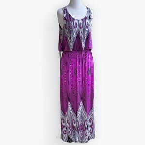 Mod Patterned Purple & Black Maxi Dress Flattering Draped Bodice Comfy NWT~ M